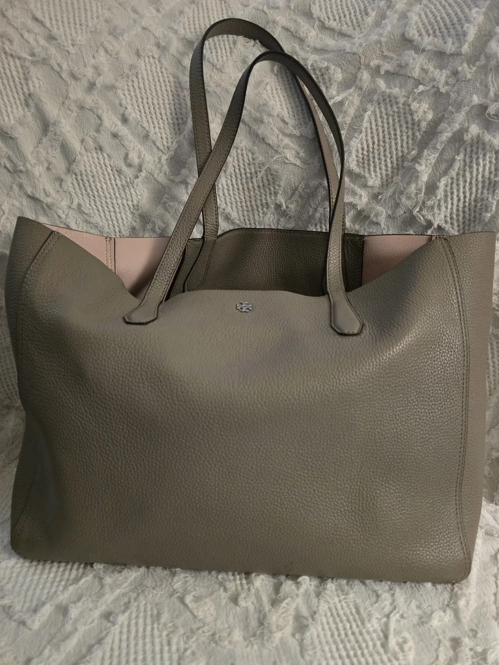 Tory Burch in Taupe with Pink Trim - Designer Style